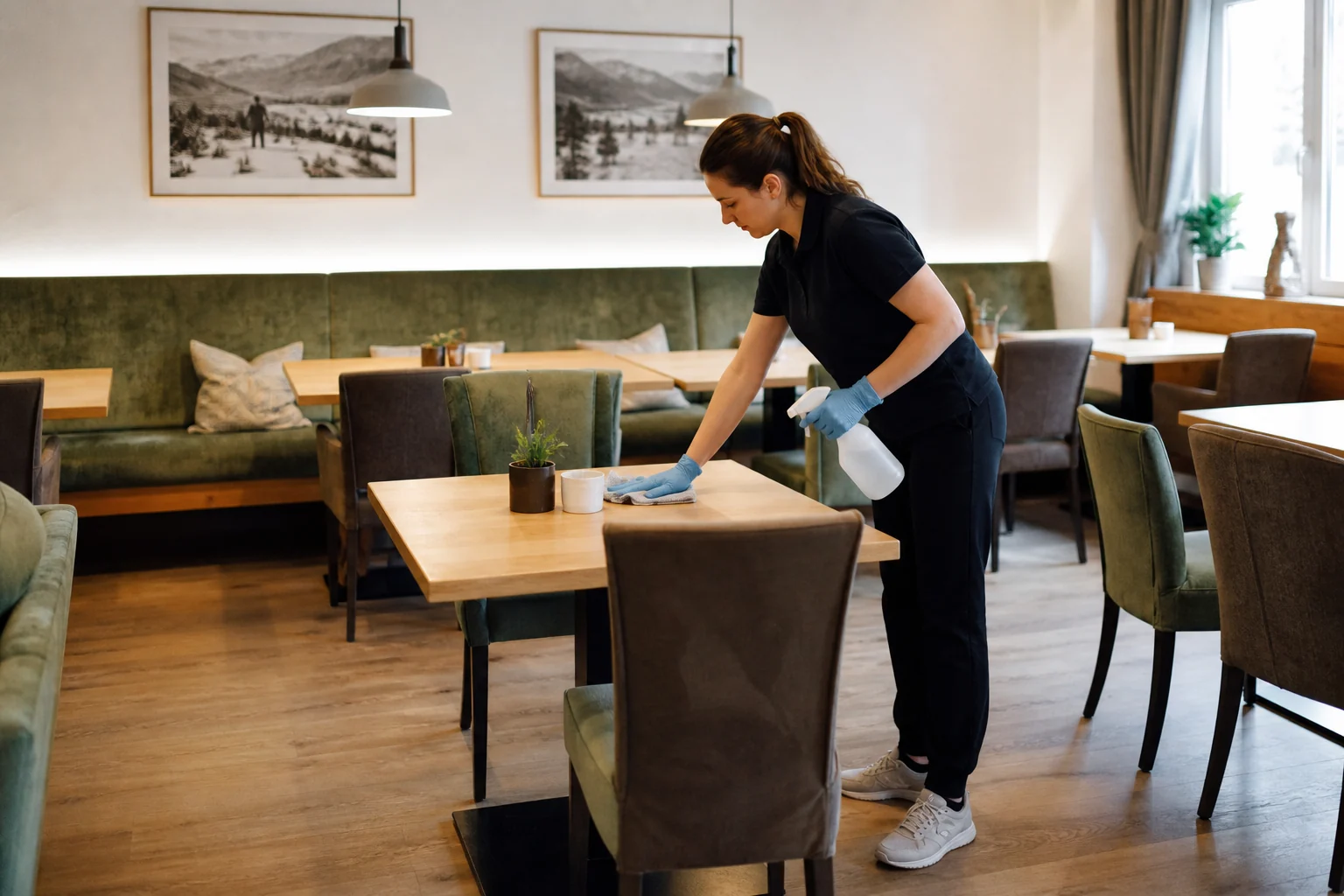 Nachgestellte Szene: Reinigung im Frühstücksraum eines Hotels