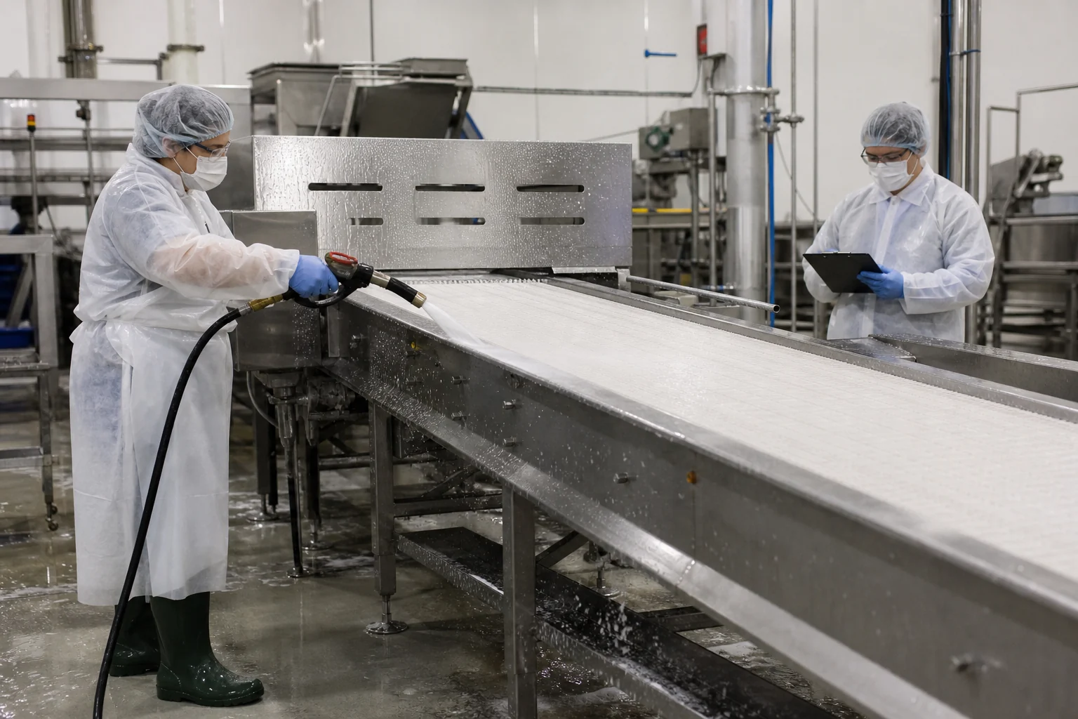 Nachgestellte Szene: Reinigung einer Förderbandanlage in der Lebensmittelproduktion