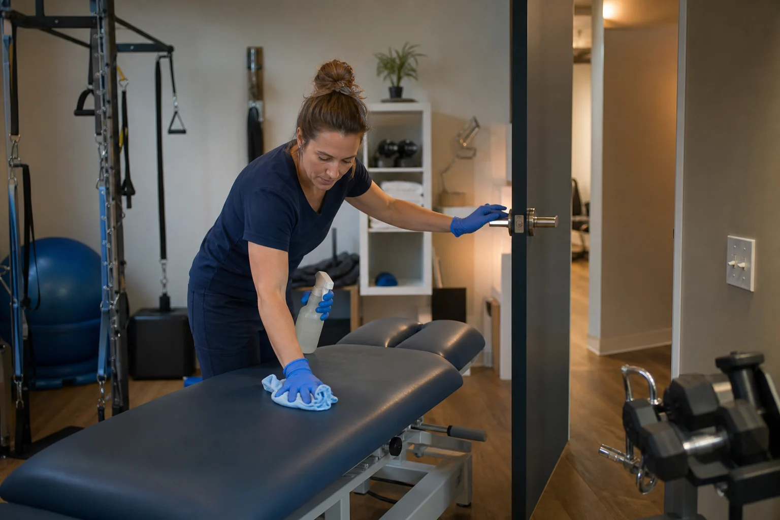 Nachgestellte Szene: Flächenreinigung in einer Physiotherapie-Praxis